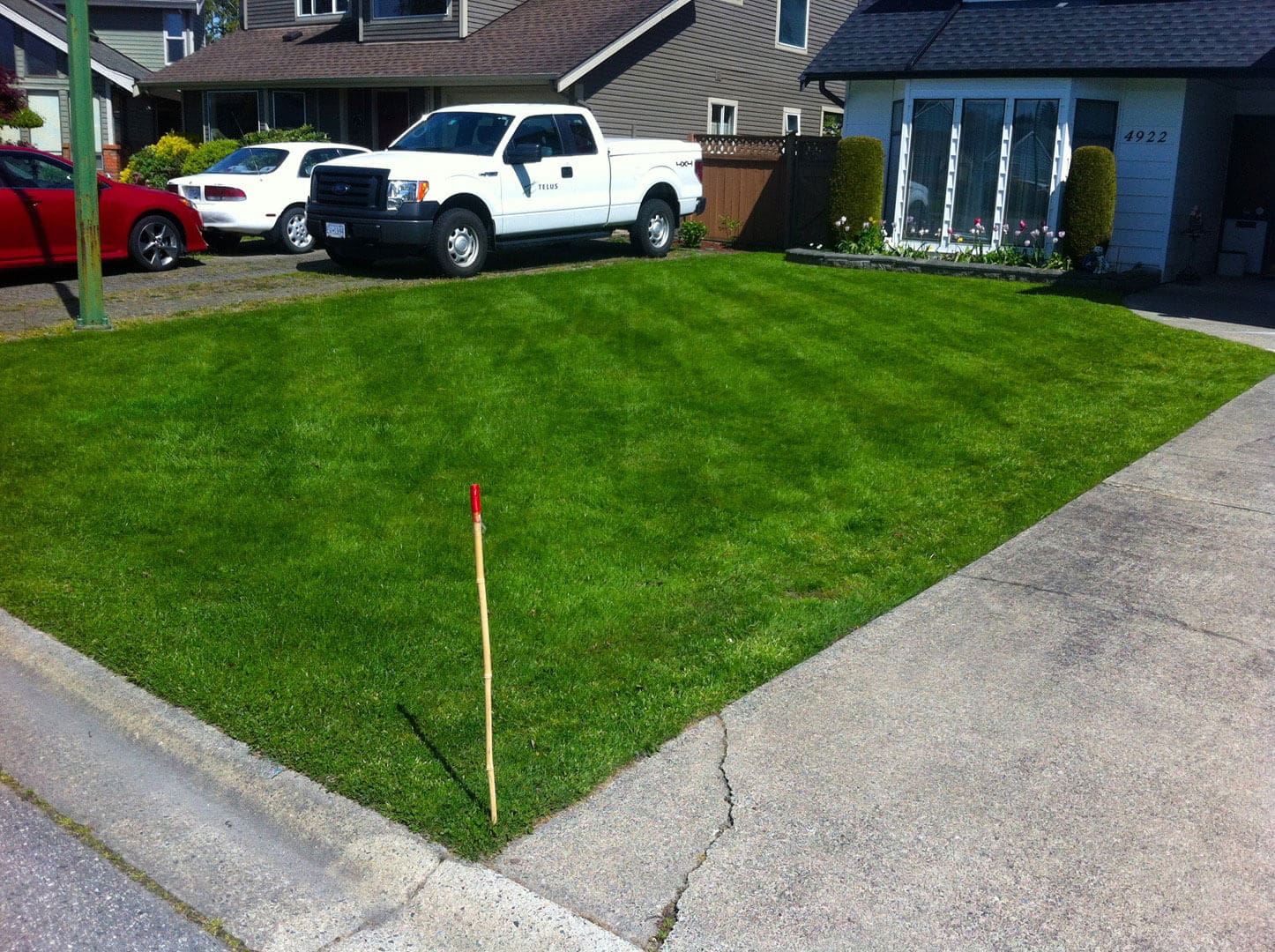 Freshly mowed green lawn with a stick marking the center.